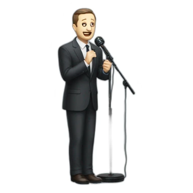tim robinson in suit singing into microphone stand holding stand (full body, ios17, somber) sticker