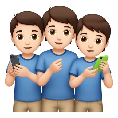 Three cute young brunette brothers playing  sticker