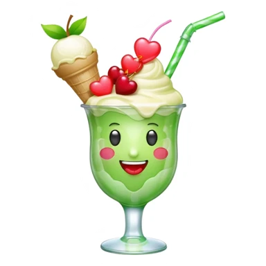 Create an emoji with a clear rounded glass, bright transparent green soda, vanilla ice cream scoop, two red cherries, pink heart-shaped straw, simple shapes, bright colors.
 sticker