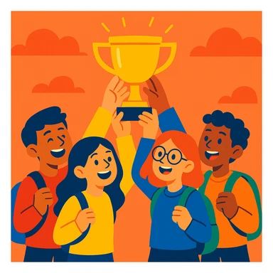 four students lifting a trophy, warm atmosphere, modern illustration style, bright colors sticker