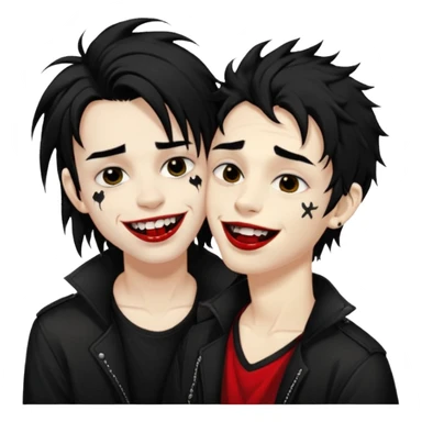 Laughing pale Goth boy with a bunch of face piercings, with shaggy dark brown hair, and messy black eyeliner , smudged, red, lipstick , kissing tan boy with long black hair  sticker