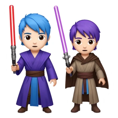 one blue haired jedi with purple lightsaber vs dark brown hair jedi with red lightsaber emoji sticker