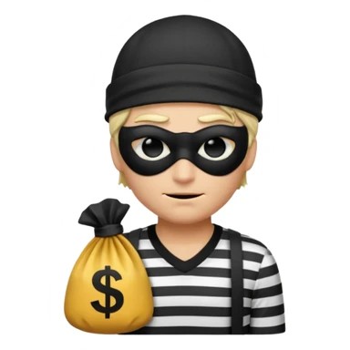 a short ios emoji-style portrait of a classic burglar, a black eye mask and a black-and-white striped shirt. emoji-like hair, black hat, ONE bag of money 💰 with a dollar sign in a right corner, evil expression WITHOUT a hand  sticker