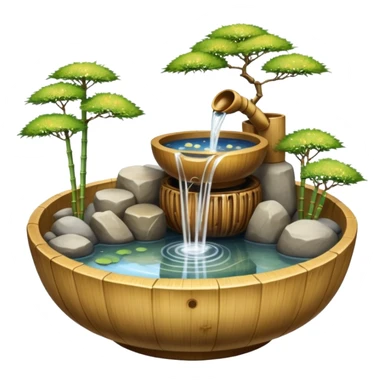 Shiny sparkly glittery beautiful elegant pretty precious divine Japanese zen garden vintage old bamboo fountain with a beautiful wooden bowl underneath aesthetic scenery  sticker