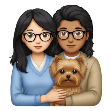 A couple holding a small Yorkshire Terrier together. The girl is Asian with long, luscious wavy black hair (loose, no hair tie). She is next to her boyfriend, a brown-skinned man wearing glasses with a korean haircut sticker