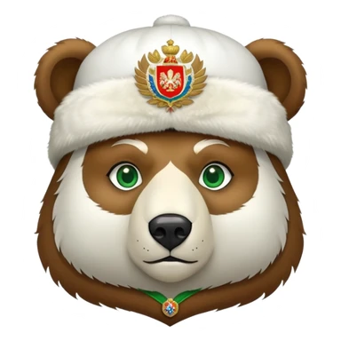 Bear head only, brown fur and green eyes, white ushanka hat with extremely accurate Russian Federation coat of arms with all correct elements and colors, iOS emoji style sticker