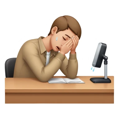 person sitting at a desk crying, head down sticker