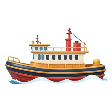 A 3D cartoon tugboat towing another boat on calm blue water, soft waves, clear sky, Memoji-style. sticker
