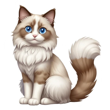 cinematic-[brown and white ragdoll cat]-realistic-full-body-sitting-emoji,-tail-curled-playfully-around-its-paws,-head-tilted-dramatically,-fluffy-[brown and white]-fur,-simplified-yet-realistic-focused-features,-highly-detailed,-glowing-with-an-almost-sarcastic-glow, with blue eyes sticker