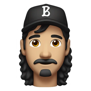 White guy with medium length shaggy black hair and a baseball hat. Brown eyes and a classic mustache no beard. Black hair sticker