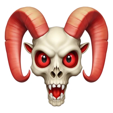 logo of a ram-horned skull with red eyes and a wide mouth, closely matching reference images, matching horn shape, skull proportions, eye color and shape, and mouth expression, bold and iconic, fully inside image borders, Apple emoji style sticker