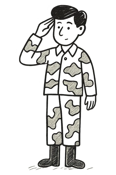 Remove the text from the chest, keep the little soldier with camouflage in cream, brown, and beige, saluting, in a hand-drawn style. sticker