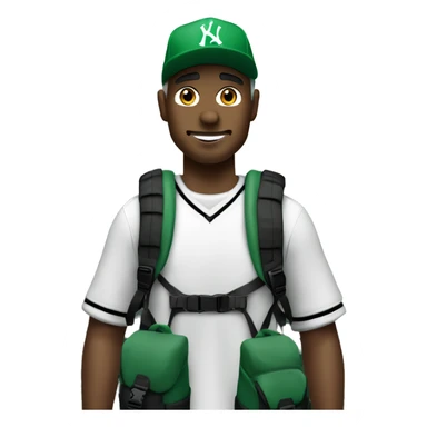 A white man in the mountains with a green back pack and a jordan 4 low black with a curve front yankees cap  sticker