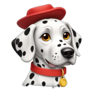 Dalmatian wearing a red hat and collar sticker