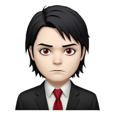 Gerard Way (Revenge Era)
Round, simplified emoji style
Pale skin tone dark eyes
-black, shoulder-length hair messy and emo
Heavy eyeliner and shadow under the eyes
Subtle serious face
Hint of red tie visible on black button up shirt.
Transparent background. Black eyeliner. Messy emo hair sticker