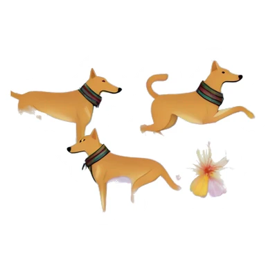  brindle brown black maroon striped lurcher Alsatian fox running blue eyes and iridescent holographic oilslick harness wearing paper iridescent tropical flower crown yellow caution tape sticker