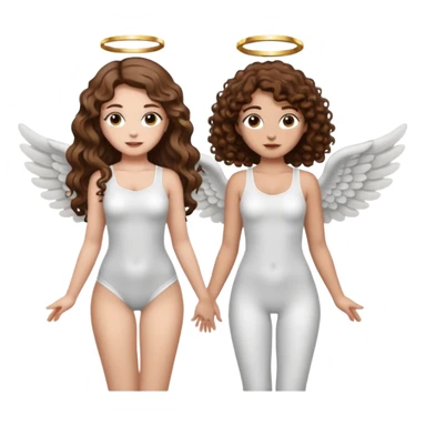 fake angel pose — long wavy brown hair tattooed woman and short tight curly brown hair woman — halo sparkle sticker