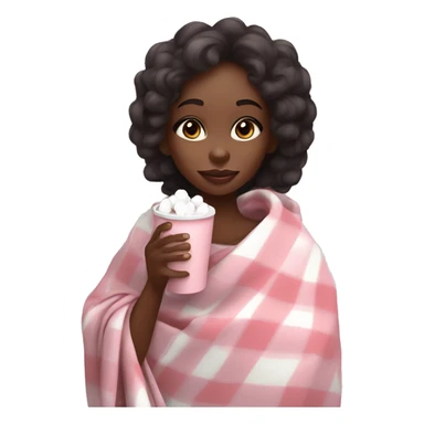Cute black girl wrapped in pastel pink plaid blanket drinking coco with marshmallows sticker