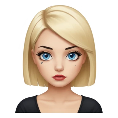 Edgy Woman, Blonde hair Medium blunt bob, blue eyes, makeup Smokey lid with doe lashes, fuller glossy lips, tattoo on arms, wearing black sticker