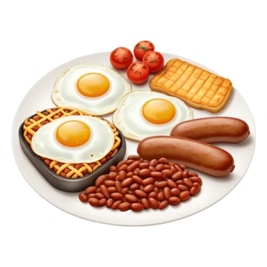 English Breakfast Cinematic Realistic English Breakfast Dish Emoji, depicted as a hearty plate featuring 2 sizzling sausages, a central serving of baked beans, 2 perfectly fried eggs, 2 sliced grilled tomatoes, 2 grilled mushrooms, and a triangle-shaped hash brown, rendered with vivid textures and warm, inviting lighting. sticker