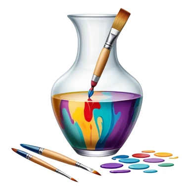 Glass painting icon, colorful brushstrokes on a glass vase, intricate painted patterns on the surface, visible fine paintbrush and palette beside it, no liquid inside the vase, minimalistic style, clean lines, transparent background. sticker