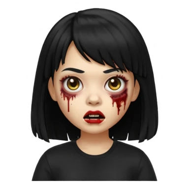 A zombie girl in Apple Memoji format with HUGE, straight black hair with bangs, wearing a black shirt. sticker