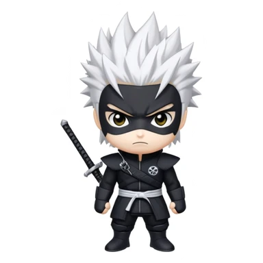 Gabimaru the Hollow, chibi version, white spiky hair, black ninja suit, serious face sticker