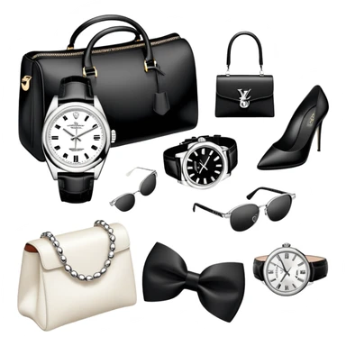 1 bag and 1 watch, and 1 glasses, 1 pair of shoes, and 1 watch rolex, all BLACK AND WHITE AND SILVER OR WHITE PLATED GOLD put together like a bundle with no face, all luxury items like lv and prada, and rolex, and balenciaga sticker