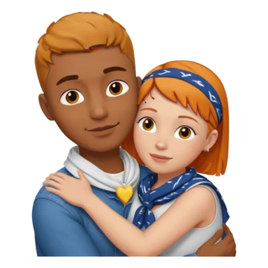 Two people hugging, brown guy with a buzzed cut and bandana, and a white woman with ginger hair sticker