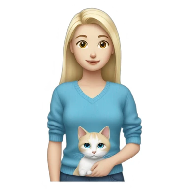Blonde girl in blue sweater and with white cat sticker