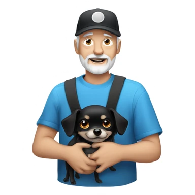 Old man with blue eyes goatee beard ball cap holding cute black Chihuahua with long hair sticker