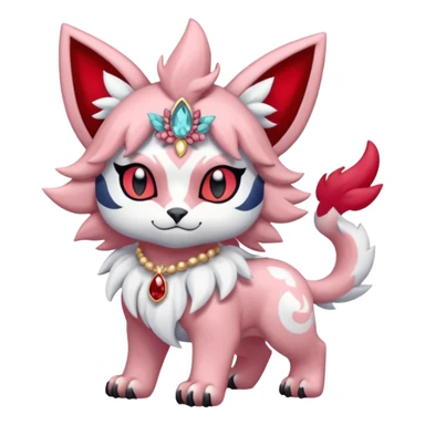 Floral pastel pink and ruby-jewelry-adorned Absol-Litten-Amaura-fusion-Fakemon-animal-creature  sticker