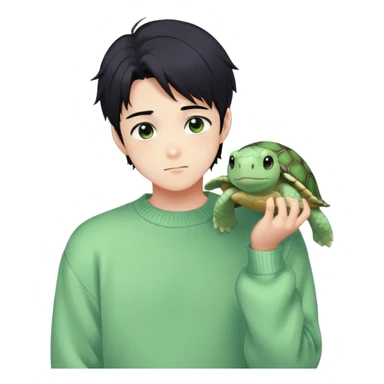 Gorgeous pastel green sweater black hair anime style shojo guy with blushing face and, turtle, aesthetic, young adult, trending style outside  sticker