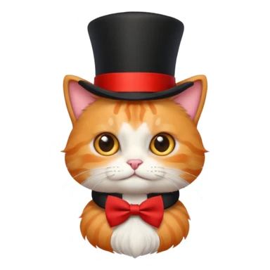 Cute emoji-style orange tabby cat wearing a black top hat with a red band and a red bow tie, big round eyes, fluffy fur, clean mascot style, centered, transparent background, 1:1 ratio. sticker