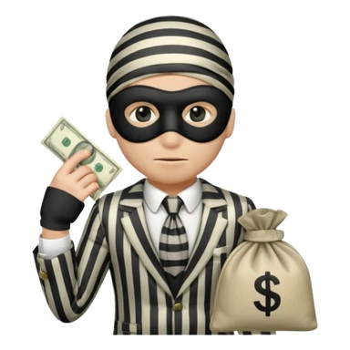 A thief with a bag of money on his back, wearing a striped suit and a black eye mask sticker