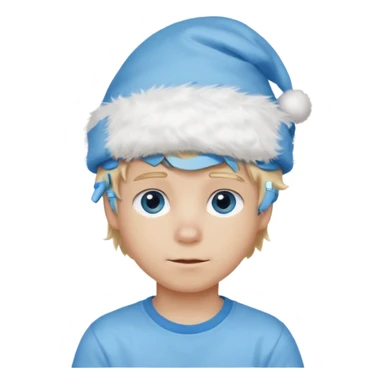 create boy blonde hair long messy, light eyes, white t shirt, rich, long hair, eyes blue, acessory head cristimas blue hat, fluffy hair sticker