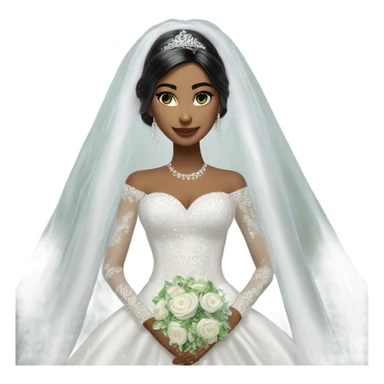 Hyper Realistic ornate ballgown long sleeve Wedding dress with diamanté on Russian bride with green eyes and long black hair with veil sticker