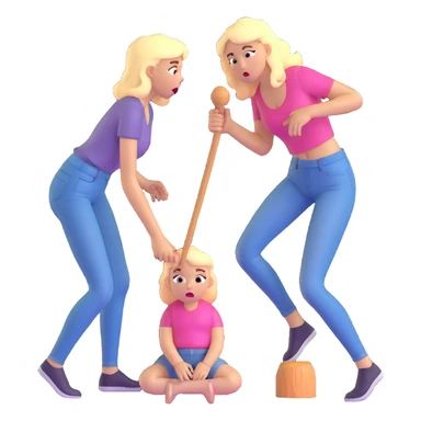 blond woman sitting on her knees with wide eyes, another man in jeans is staying (not sitting) on her left, she's holding a wide skin-colored stick with a D-shaped knob, the stick and the nob have skin texture, water squirting from the knob into her mouth, shocked face sticker