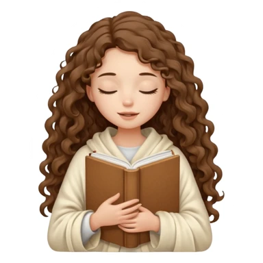 a slender girl with fair skin with long curly brown hair, the girl closed her eyes and wrapped in a cream blanket, holding a white book in her hands sticker