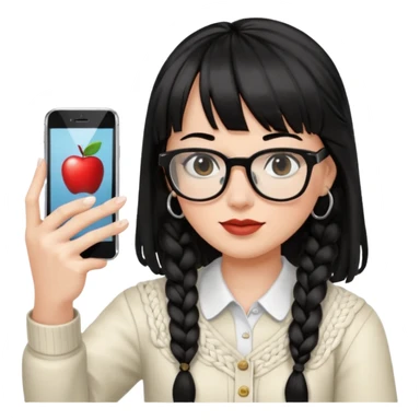 Black hair is braided to one side, braided to the left, and full bangs, wearing horn-rimmed glasses, holding an iPhone white color and taking a mirror selfie so that Apple logo comes out sticker