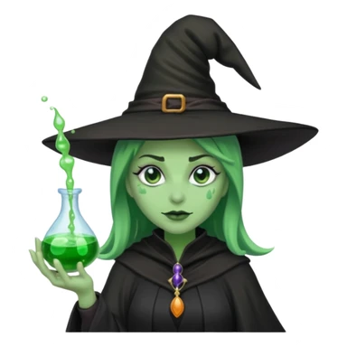 Witch with Green Skin – long-nosed witch in black hat holding potion sticker