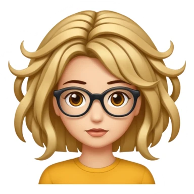 Uma garota de cabelos encaracolados compridos e mechas bem loiras, com pele morena  e óculos sticker