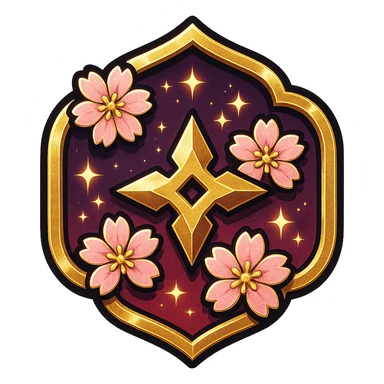 Anime-inspired Japanese style badge for Grandmaster rank: traditional crest shape with deep purple and red gradient with gold accents, sakura (cherry blossom) accents, ninja star, bold highlights and shadows, sparkly effects, no text, sized for Twitch or Discord use, transparent background. sticker