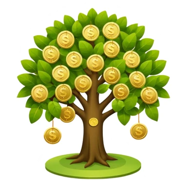 Apple-style money tree (10 coints), round soft green canopy.
No pot, no ground — only the tree.
Small gold coins as fruits inside the leaves (not below).
Flat 2D vector, clean shapes, no gradients.
Dark near-black background, premium fintech icon. sticker
