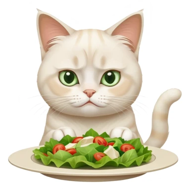 grumpy white cat sitting at a table, looking confused with its ears slightly back. In front of the cat is a plate with a salad sticker