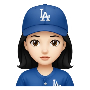 Can you make an emoji of a girl with fair skin with black hair wearing an LA dodger hat sticker