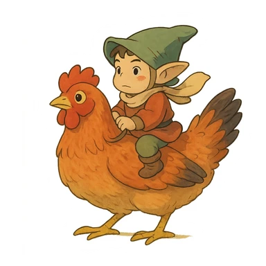 ghibli style chicken jockey small character riding a chicken sticker