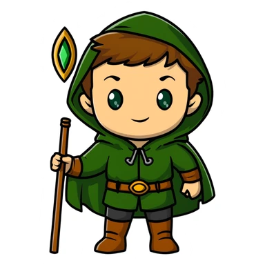 Rudeus Greyrat from Mushoku Tensei, green eyes, short light brown hair, wearing adventurer's outfit with a green cloak, holding a staff, confident and curious expression sticker