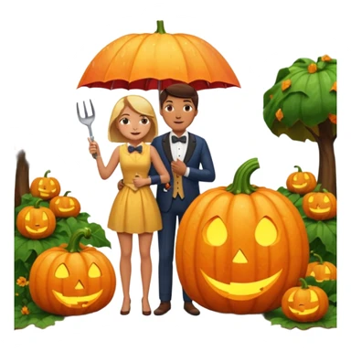 Make a guy hugging a giant pumpkin with a fork in his right hand while there's fire while there's a lady watching while it's raining while there's an umbrella on the ground that's alive and the sun has a bow tie on his neck sticker