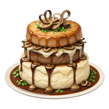 Filet mignon, on a bed of mashed potatoes and gravy , smothered in grilled stringy onions and grilled mushrooms, topped with crispy onions  sticker